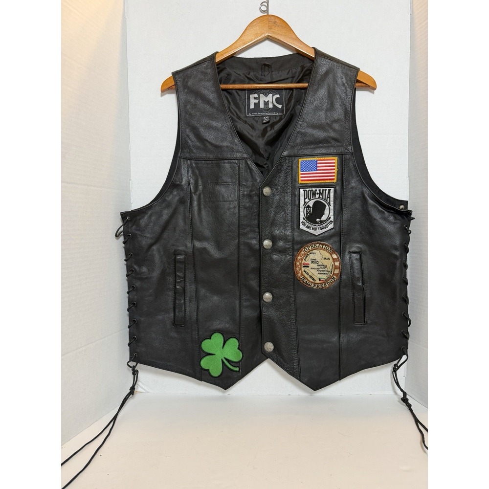 FMC Leather Vest Buffalo Nickel Snaps Concealed Pockets Motorcycle Biker M612 2X